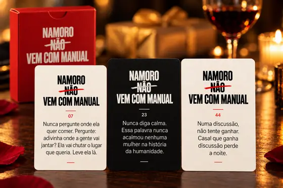 Caixinha vermelha do Namoro Não Vem Com Manual com três cartinhas na frente, numa mesa com presente dourado, taça de vinho e velas ao fundo