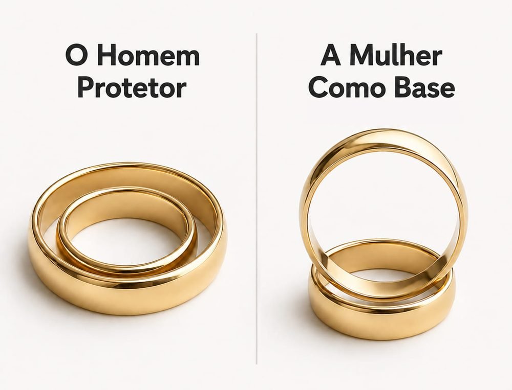 Duas alianças de ouro: à esquerda, a maior envolvendo a menor, representando o homem protetor; à direita, uma em pé apoiada sobre a outra, representando a mulher como base.